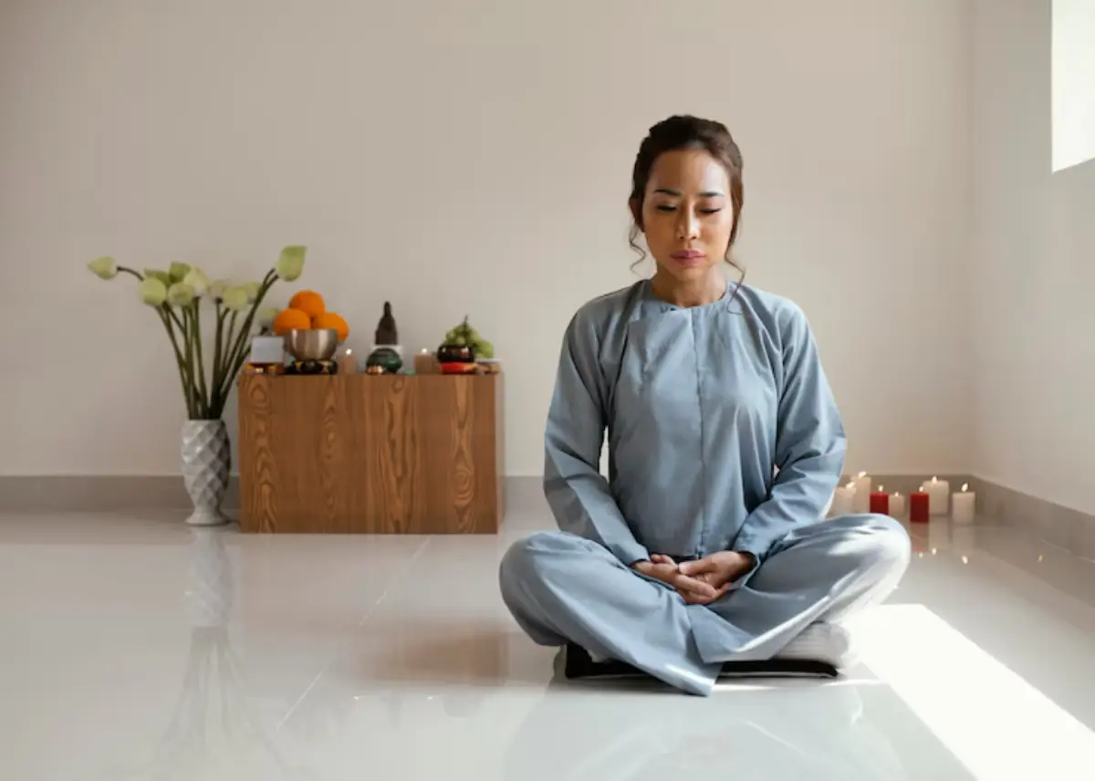 A person in a light blue outfit sits cross-legged on a mat, surrounded by candles, flowers, and a wooden altar with offerings.