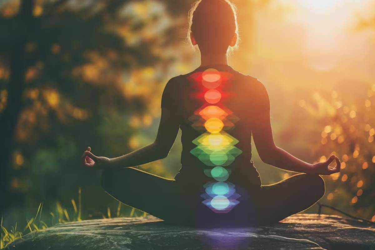 A figure meditating, with a vibrant rainbow of light reflected on their back, surrounded by a golden sunset glow.