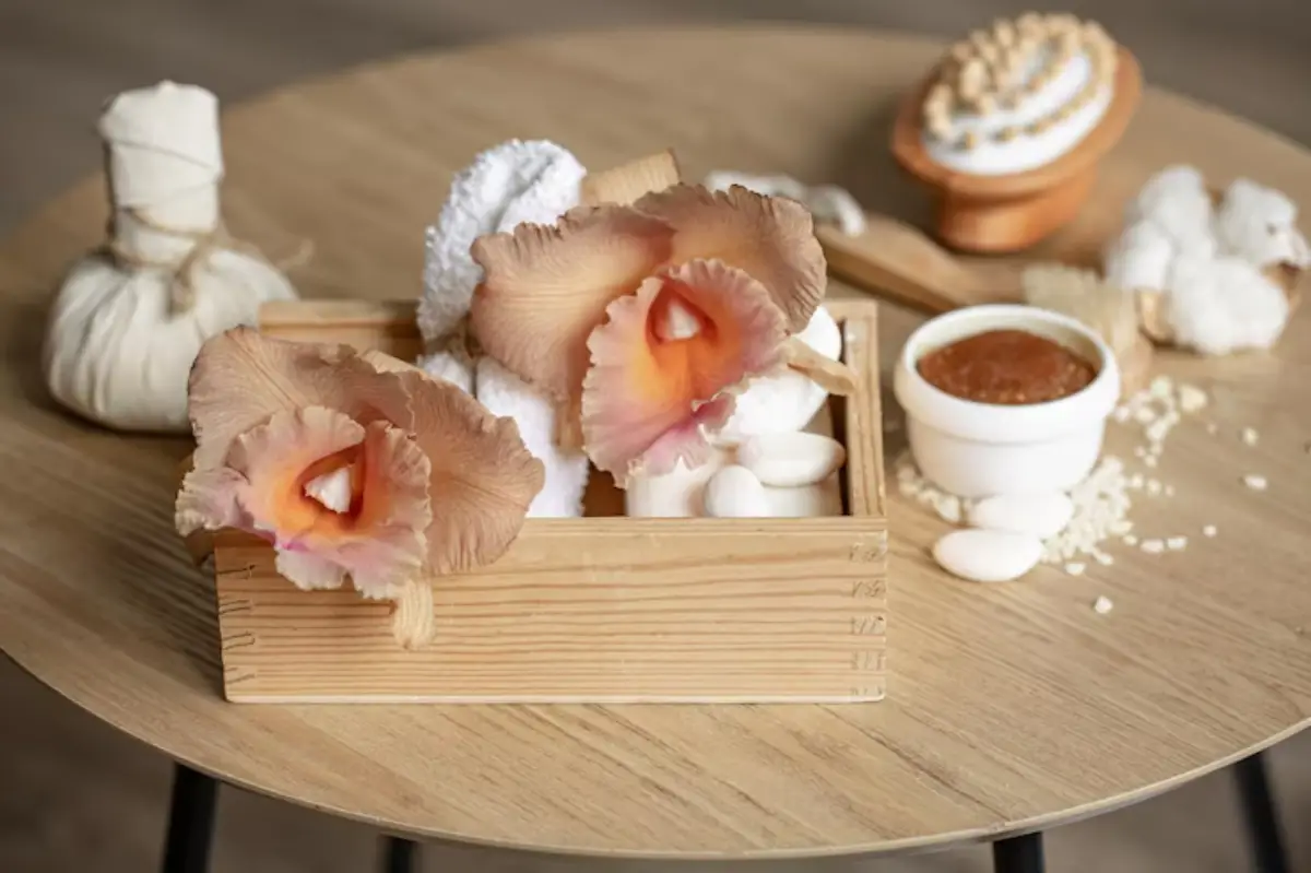 A wooden box with fluffy white towels and vibrant pink mushrooms, surrounded by spa essentials on a small round table.