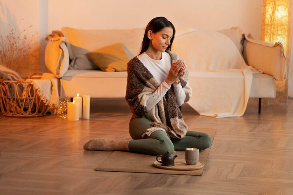 A person sits on a mat in a cozy, warmly-lit living room, enjoying a cup of tea with candles and decor in the background.