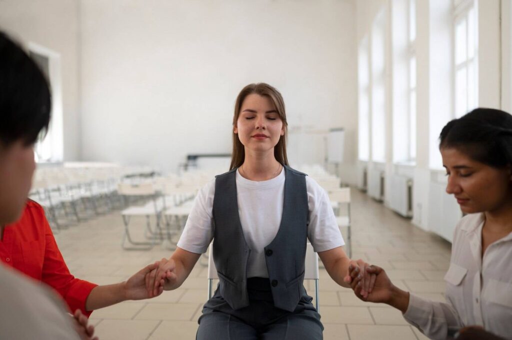 A group of three people holds hands, seated in a bright, spacious room with rows of empty chairs in the background.