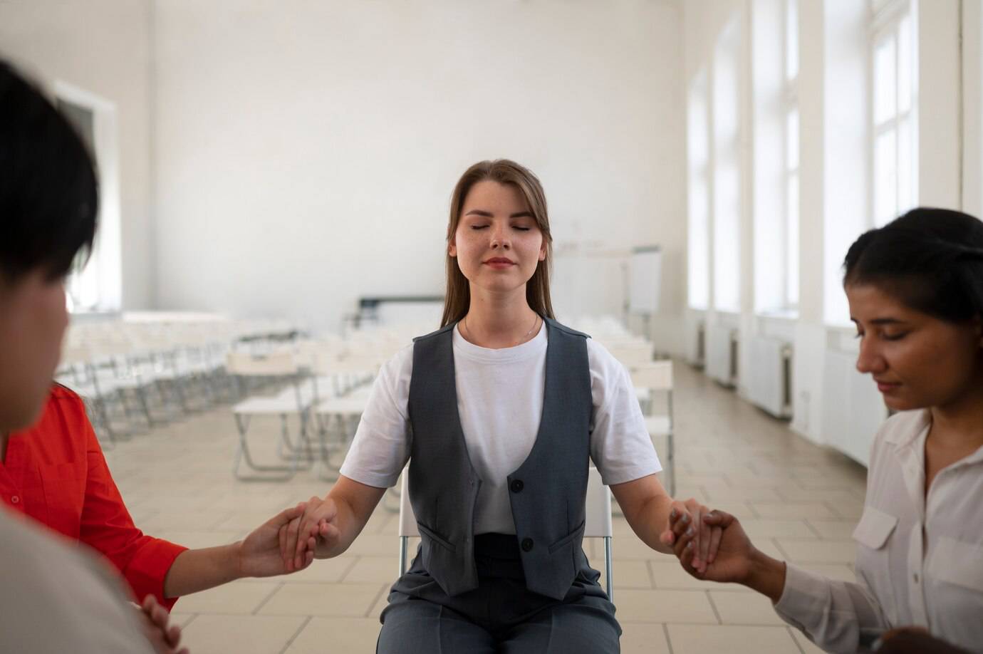 A group of three people holds hands, seated in a bright, spacious room with rows of empty chairs in the background.
