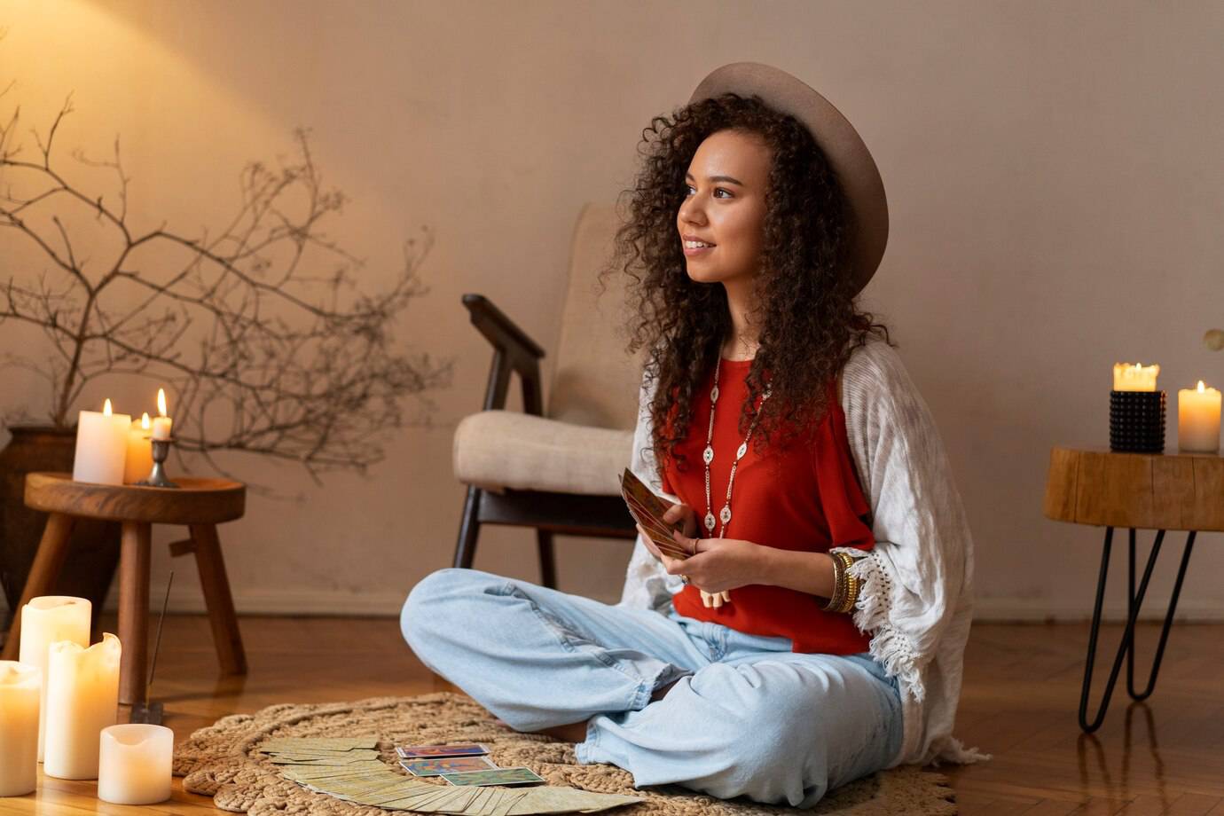 A person sits on a patterned rug surrounded by candles, holding tarot cards, embodying a serene, mystical atmosphere.