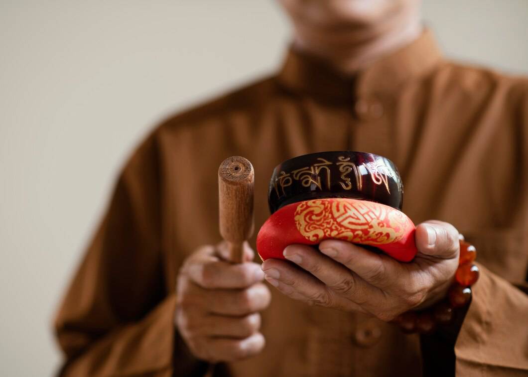 A person in a brown robe holds a wooden mallet and two decorative bowls, one black with inscriptions and one red with gold patterns.