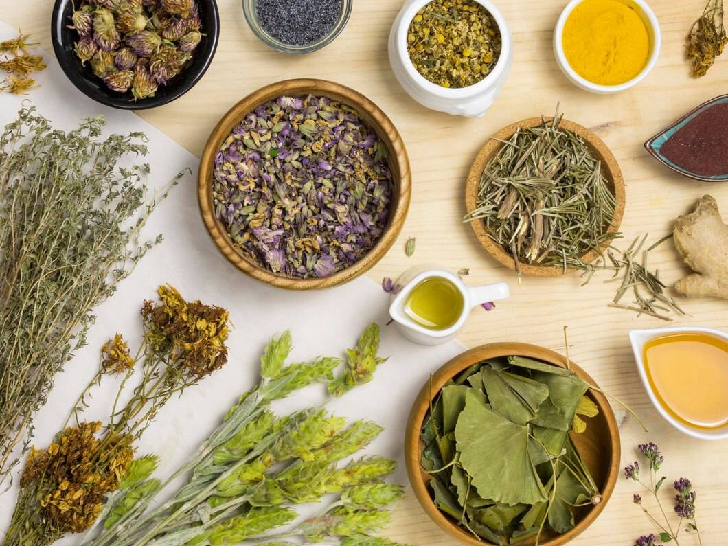 A variety of dried herbs and spices displayed in bowls and containers, including lavender, ginger, and ginkgo leaves on a wooden surface.