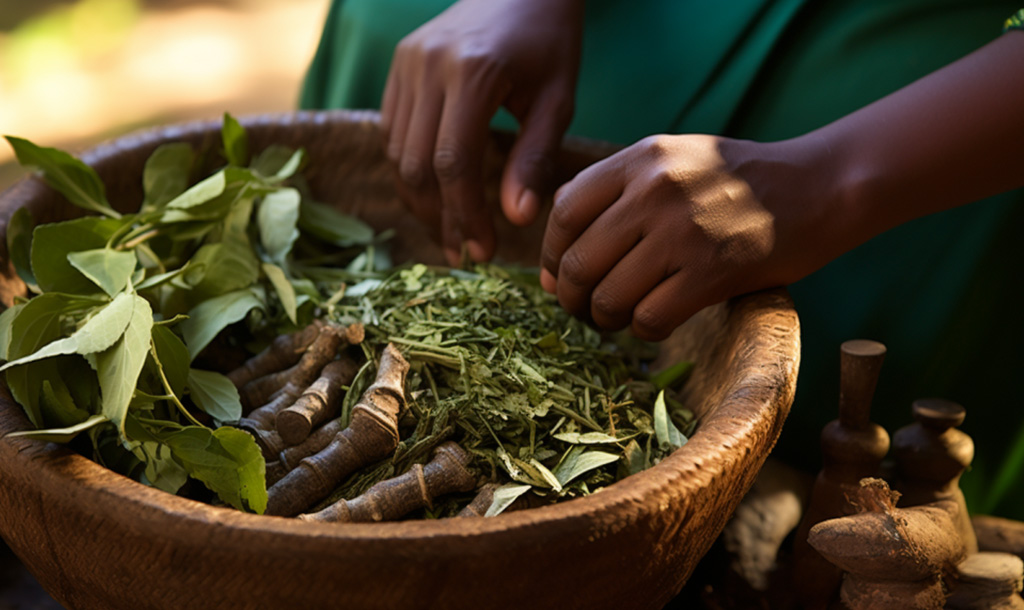 A close-up of hands preparing medicinal herbs in a wooden bowl, surrounded by fresh green leaves and roots.