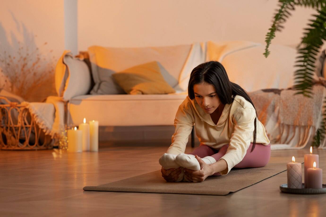 A person stretches on a yoga mat in a cozy, softly lit room with candles, plants, and a comfortable couch in the background.